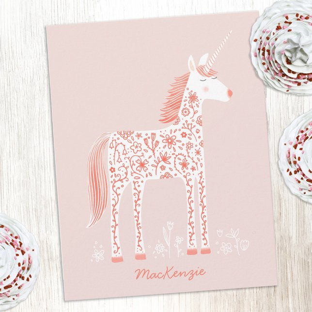 Magical Unicorn Blush Pink Personalized Name Mitteilungskarte (Magical Unicorn pretty pink personalized custom name or text notecards)