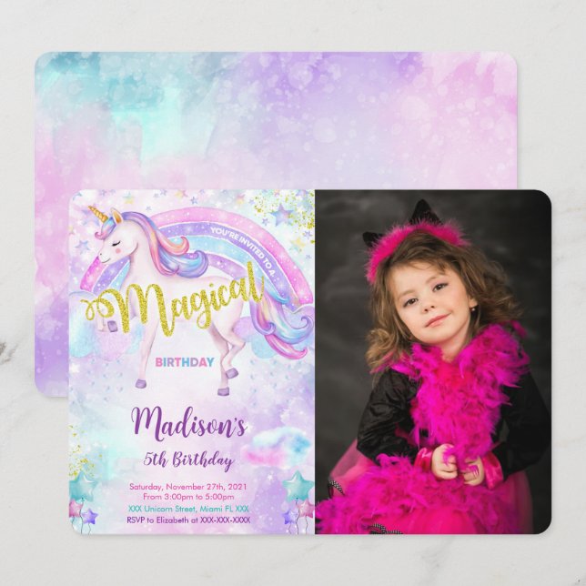 Magical Unicorn Foto Einladung (Vorne/Hinten)