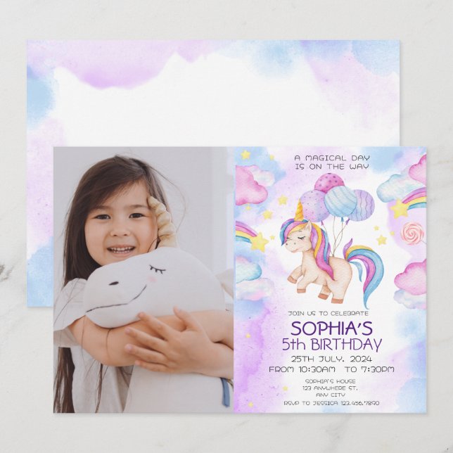 Magical Unicorn Geburtstag Einladung Regenbogen (Vorne/Hinten)