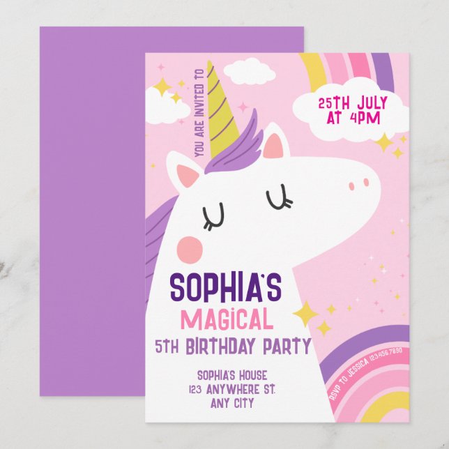 Magical Unicorn Geburtstag Einladung Regenbogen (Vorne/Hinten)