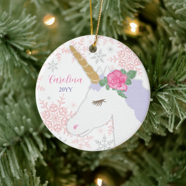 Magical Unicorn Glitzer Snowflakes Individuelle Na Keramik Ornament (Baum)