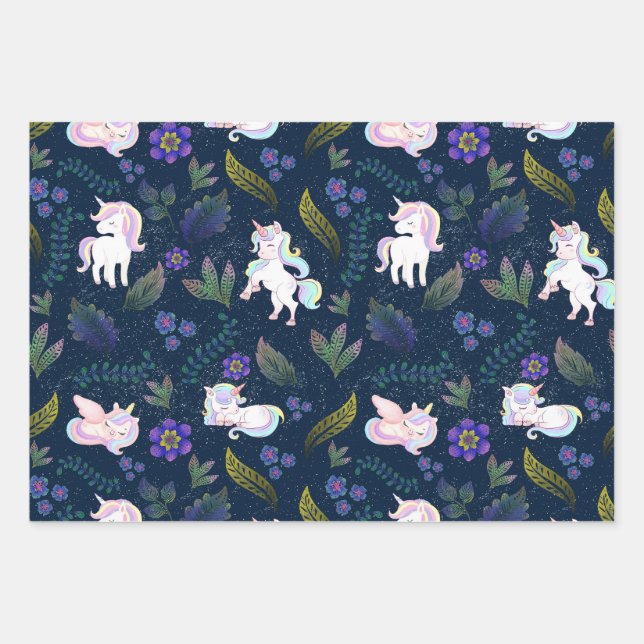 Magical Unicorn Night Forest Seamless Pattern Geschenkpapier Set (Vorderseite)