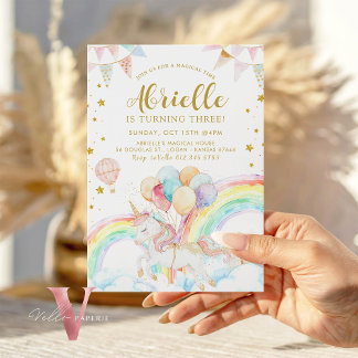 Magical Unicorn Pastel Rainbow Gold Glitzer Bday Einladung