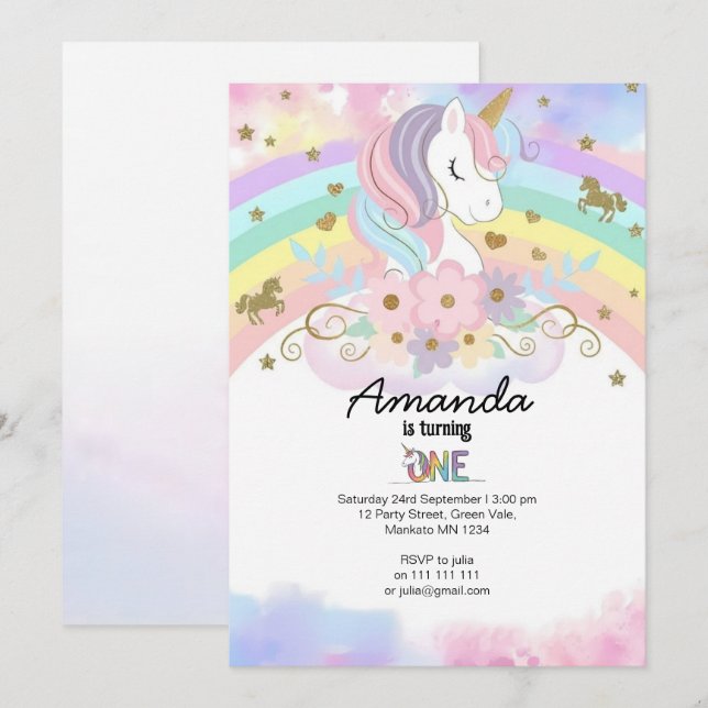 Magical Unicorn Rainbow 1st Birthday Invitation Einladung (Vorne/Hinten)