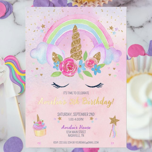 Magical Unicorn Rainbow Birthday Einladung (Pink Magical Unicorn Rainbow Gold Foil Birthday Invitation, Pastel Unicorn Theme Party for Girl)