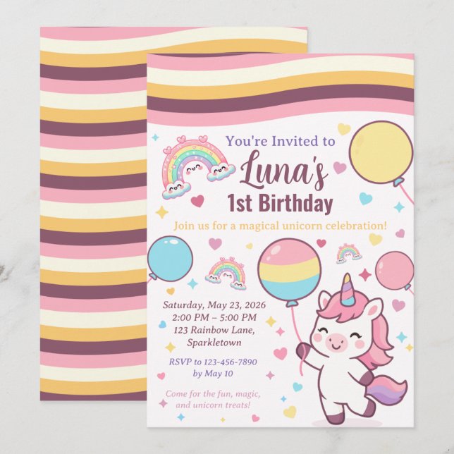 Magical Unicorn & Rainbow Girl 1st Birthday party Einladung (Vorne/Hinten)