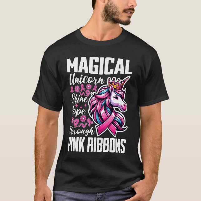 Magical Unicorn Shine Hope Through Pink Ribbons T-Shirt (Vorderseite)