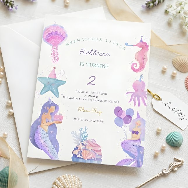 Magical Watercolor Mermaid 2nd Birthday  Einladung (Von Creator hochgeladen)