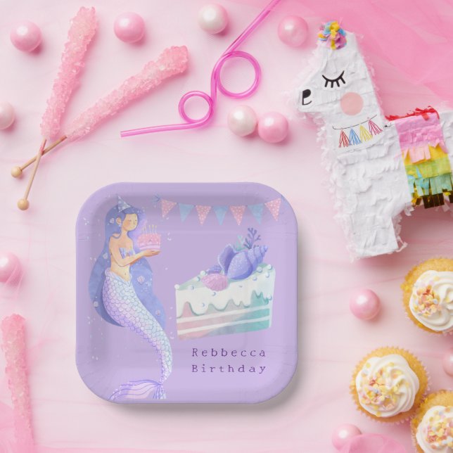Magical Watercolor Mermaid Birthday Paper Plates Pappteller (Party)