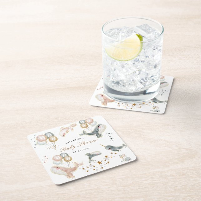 Magical Whales Balloons Stars Baby Dusche Rechteckiger Pappuntersetzer (Vor Ort)