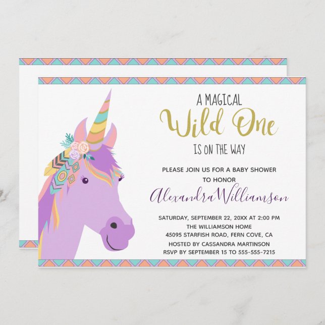 Magical Wild One Unicorn Lila Gold Baby Dusche Einladung (Vorne/Hinten)