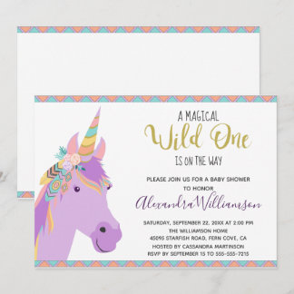 Magical Wild One Unicorn Lila Gold Baby Dusche Einladung