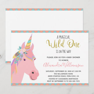 Magical Wild One Unicorn Pink Gold Baby Dusche Einladung