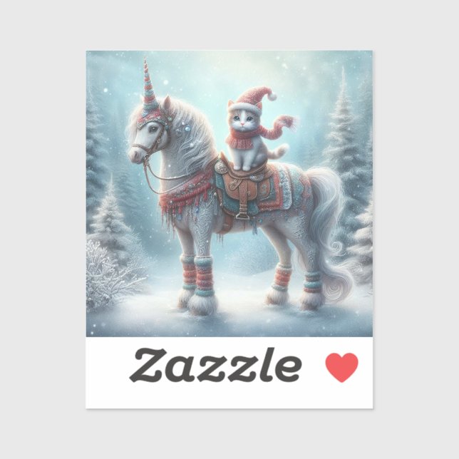 Magical Winter Unicorn & Cat Sticker – Festive Fan (Blatt)