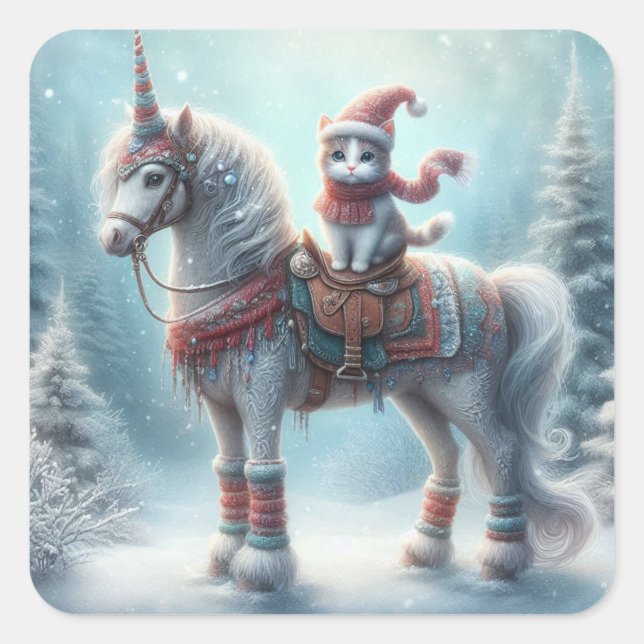 Magical Winter Unicorn & Cat Sticker – Festive Fan (Vorderseite)