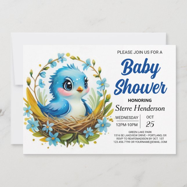 Magical Woodland Blue Bird Boy Baby Dusche Einladung (Vorderseite)