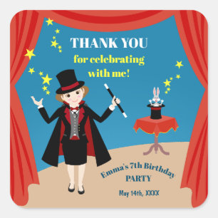 Magician Girl Show Birthday Party Quadratischer Aufkleber