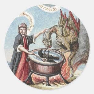 Magier und Drache im Kessel der Alchemie Runder Aufkleber
