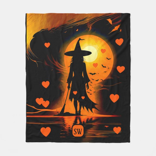 Magisch Gothisch-Orangenherzen-Monogramm-Hexe Fleecedecke (Vorderseite)