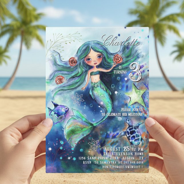 Magische Aquarellmaid unter dem Meer Geburtstag Einladung (Magical Watercolor Mermaid Under the Sea Birthday Invitation)