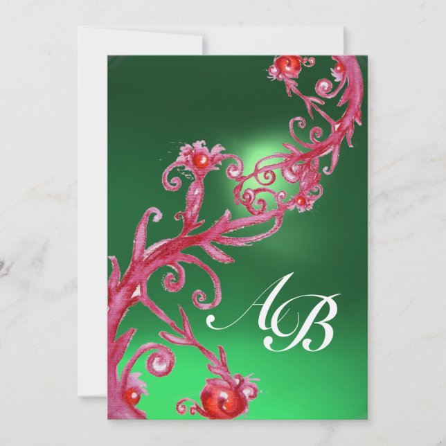 MAGISCHE BEEREN 4, MONOGRAMM roter Jade Champagner Einladung (Vorderseite)