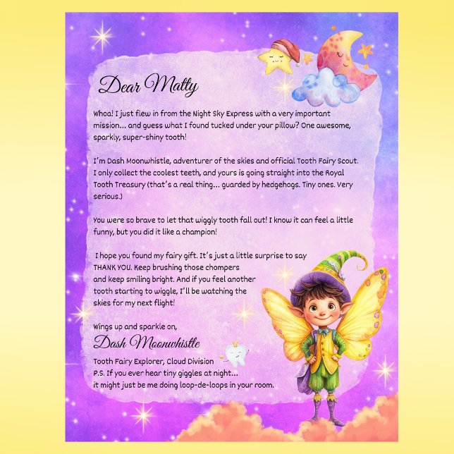 Magische Boys Tooth Fairy Keepake Letter- Custom (Boys Tooth Fairy Letter Personalized Printed Letter from Dash Moonwhistle – Custom Tooth Fairy Note)
