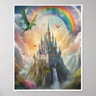Magische Burg fliegende Drachen Feen Regenbogen Poster