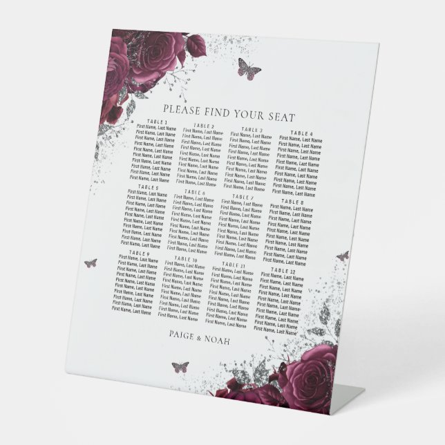 Magische Burgunder-Rose Hochzeitsdiagramm Sockelschild (Vorderseite)