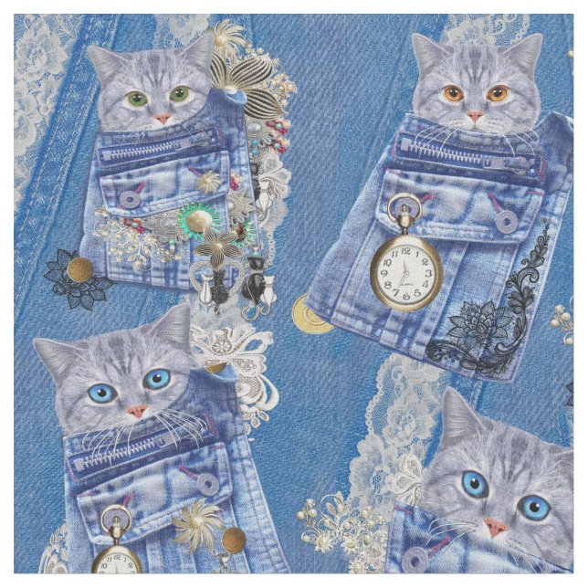 Magische Denim-Taschen und -Kätzchen Stoff (Nahaufnahme)