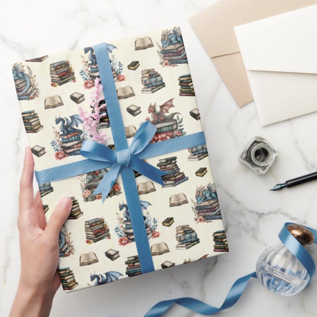Magische Drachen & Bücher auf Hellgelb Geschenkpapier (Schenken)