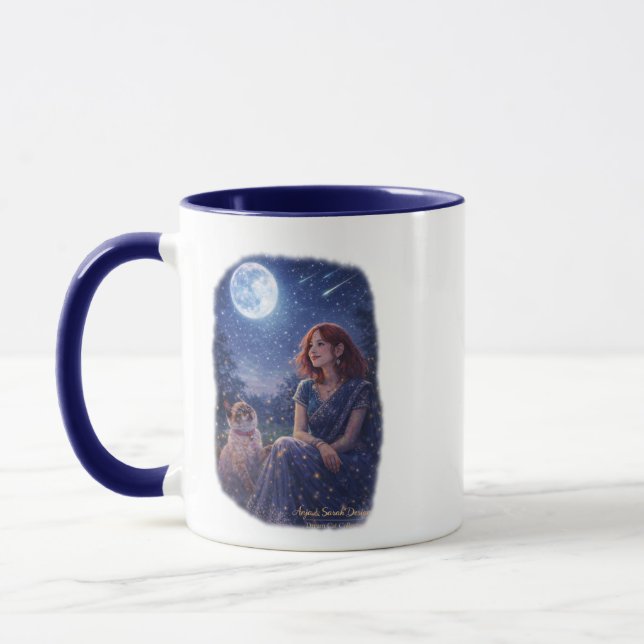 Magische Dream Cat - Mädchen mit Katze unterm Mond Tasse (Links)