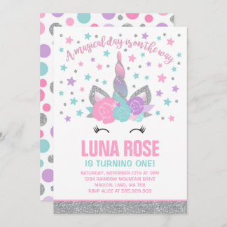 Magische Einhorn Geburtstag Einladung Rosa & Silbe