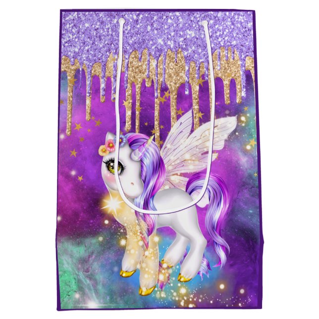 Magische Einhorn-Glitzer-Galaxie-Funkmädchen Mittlere Geschenktüte (Rückseite)