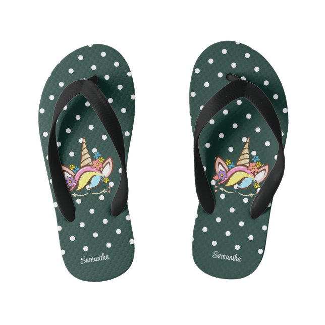 Magische Einhorn-Grüne Girl Name Blumendots Kinderbadesandalen (Fußbett)