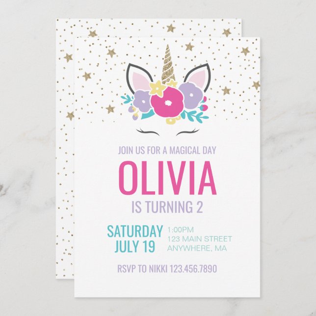 Magische Einhorn-Regenbogen-Blume Einladung zum Ge (Vorne/Hinten)