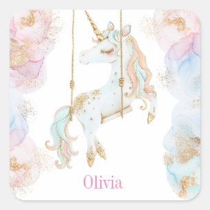 Magische Einhorn Rosa & Gold Girls Name Quadratischer Aufkleber