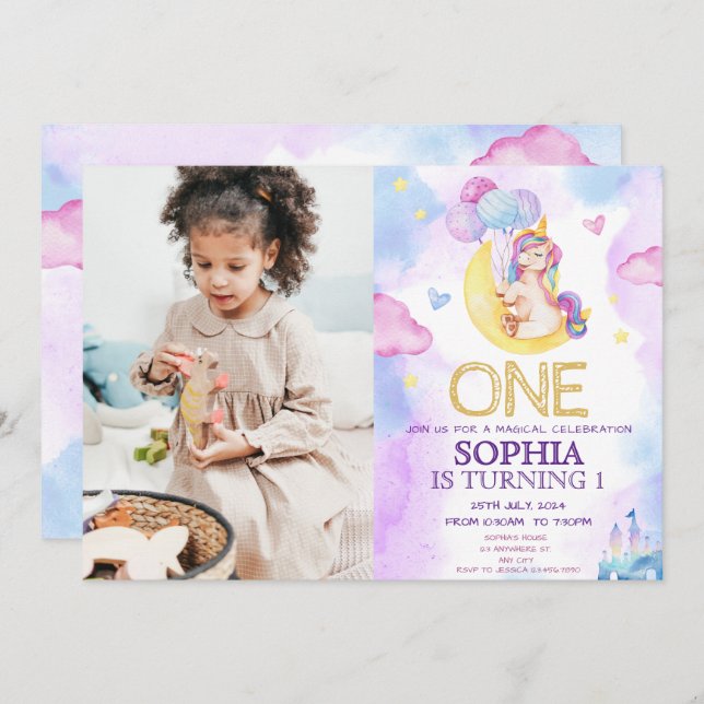 Magische Einhörner Lila Geburtstagsparty Einladung (Vorne/Hinten)