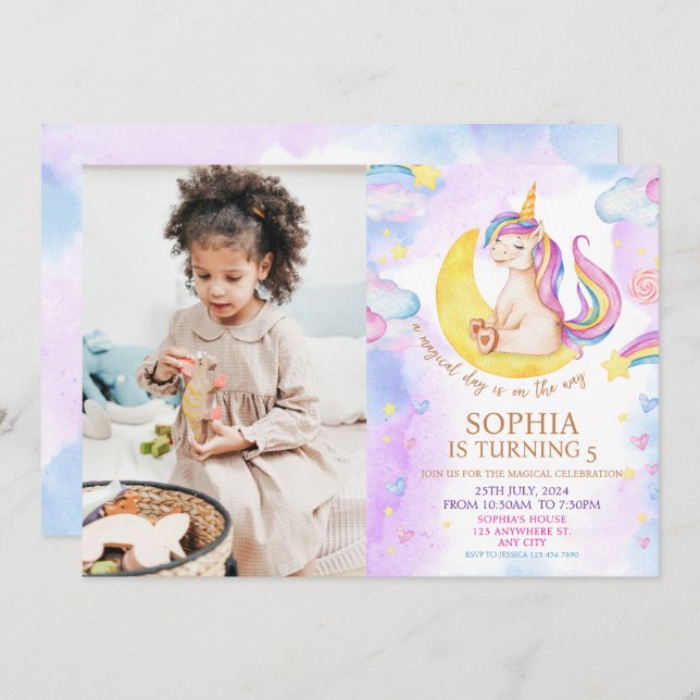 Magische Einhörner Lila Geburtstagsparty Einladung (Vorne/Hinten)