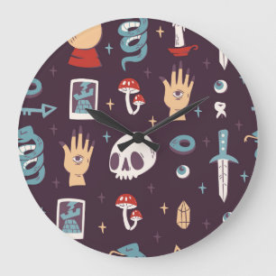 Magische Elemente: Schädel, Tarot nahtlos Große Wanduhr