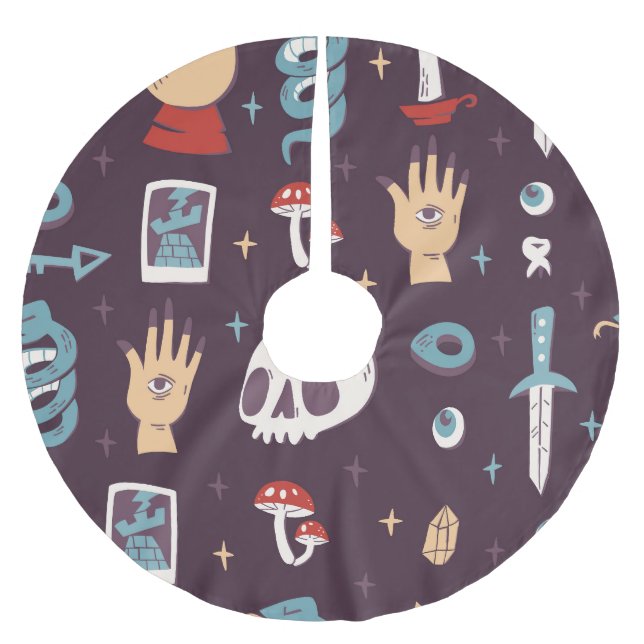 Magische Elemente: Schädel, Tarot nahtlos Polyester Weihnachtsbaumdecke (Vorderseite)