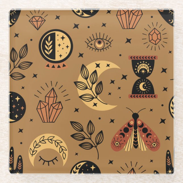 Magische Elemente: Verzaubertes, nahtloses Muster Glasuntersetzer (Vorderseite)