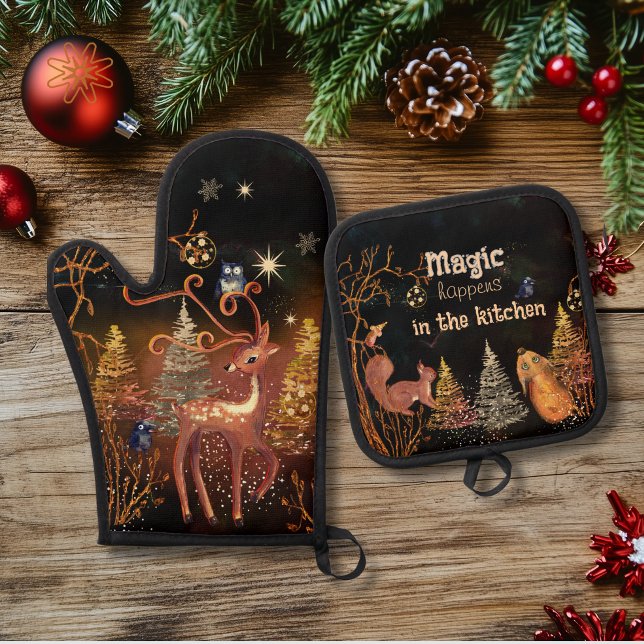 Magische Ereignisse in der Küche - Whimsikale Weih Ofenhandschuh & Topflappen-Set (Magic Happens in the Kitchen- Whimsical Christmas Oven Mitt & Pot Holder Set)