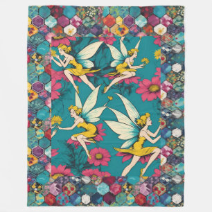 Magische Fairies und Blumenhexagon-Patchwork Fleecedecke