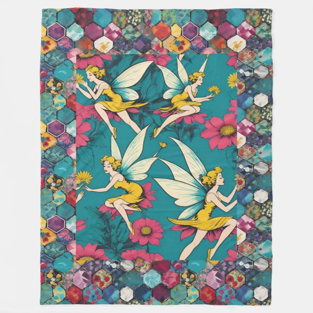 Magische Fairies und Blumenhexagon-Patchwork Fleecedecke (Vorderseite)