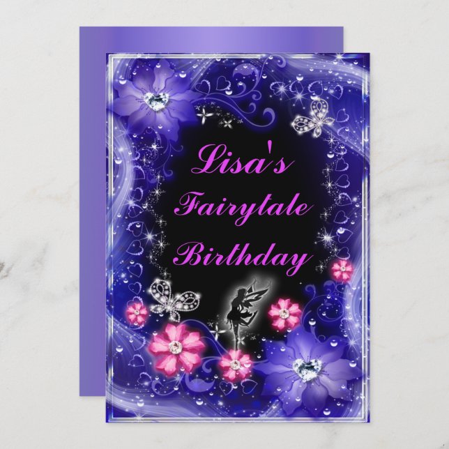 Magische Fairy Butterfliegen Lila Blumengeburt Einladung (Vorne/Hinten)
