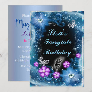 Magische Fairy und Schmetterlinge Blauer Blumengeb Einladung