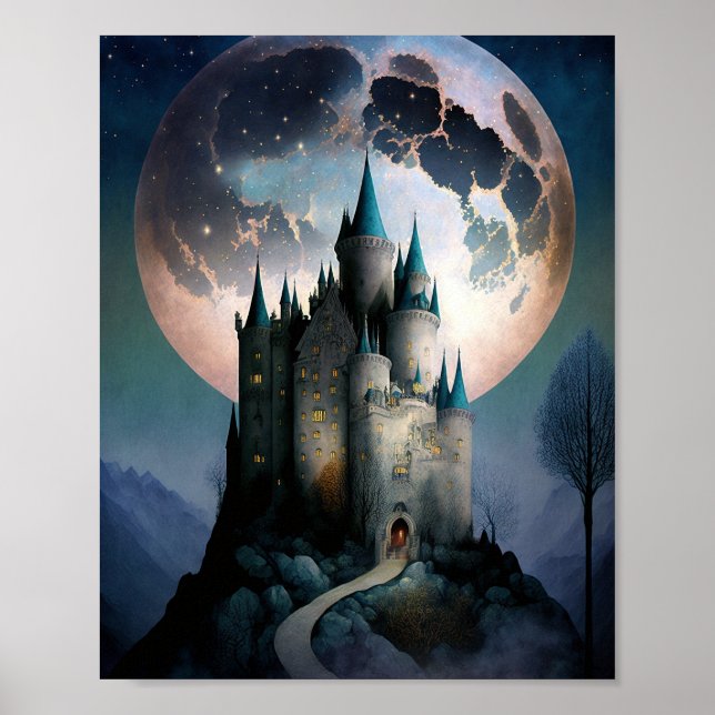 Magische Fantasy Burg Vollmond Poster (Vorne)