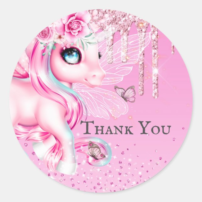 Magische Fee Einhorn Rosa Glitzer vielen Dank Runder Aufkleber (Vorderseite)