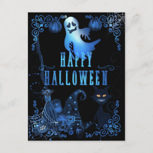 Magische Frohe Halloween-Schwarze Katze Blaue Glüh Postkarte