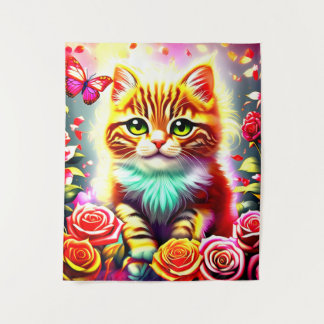 "Magische getigerte Katze mit Rosen und Schmetterl Wandteppich